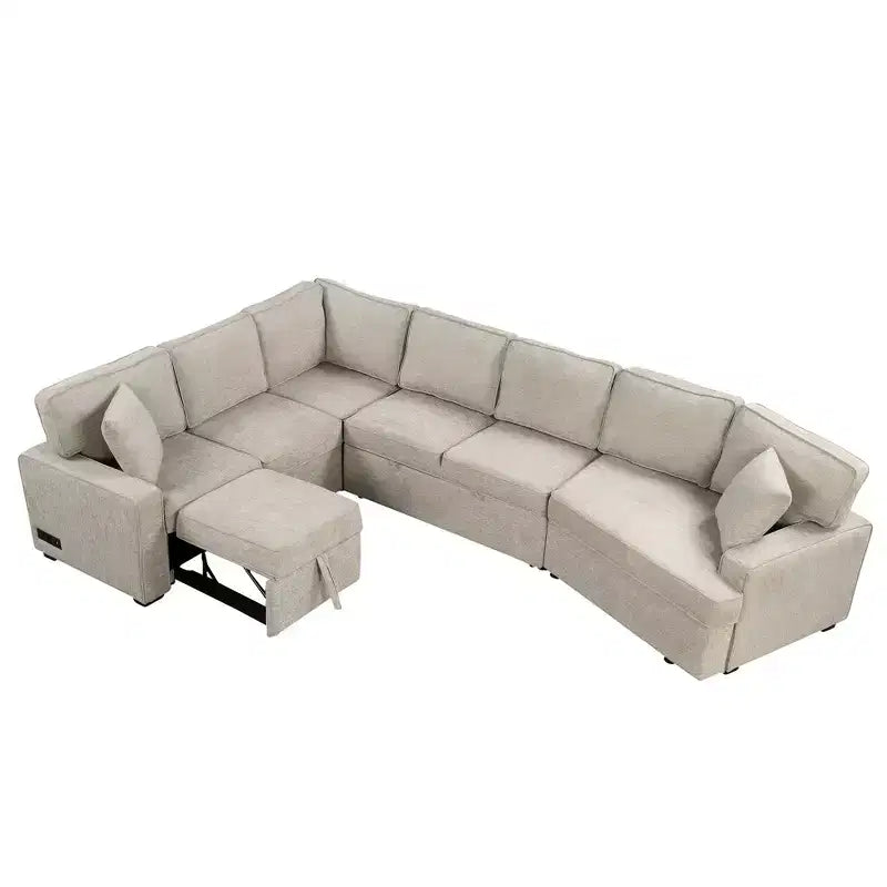 126W Convertible Sectional Sofa Couch Set, Pull-out Sleeper Sofa Bed with Charging Devices and Cup Holders 4S