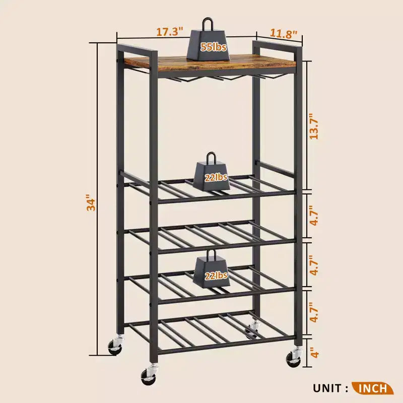 5-Tier Wine Rack Freestanding Bar Cart with Glass Holder and Wheels