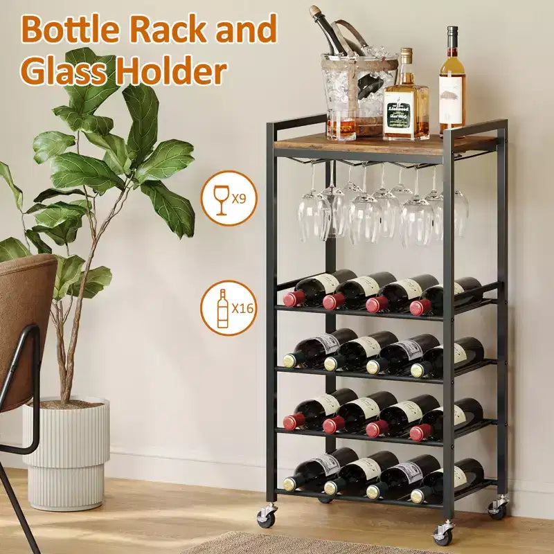 5-Tier Wine Rack Freestanding Bar Cart with Glass Holder and Wheels