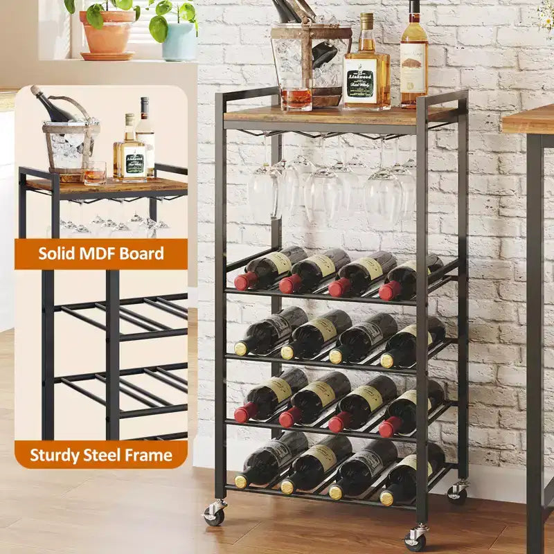 5-Tier Wine Rack Freestanding Bar Cart with Glass Holder and Wheels