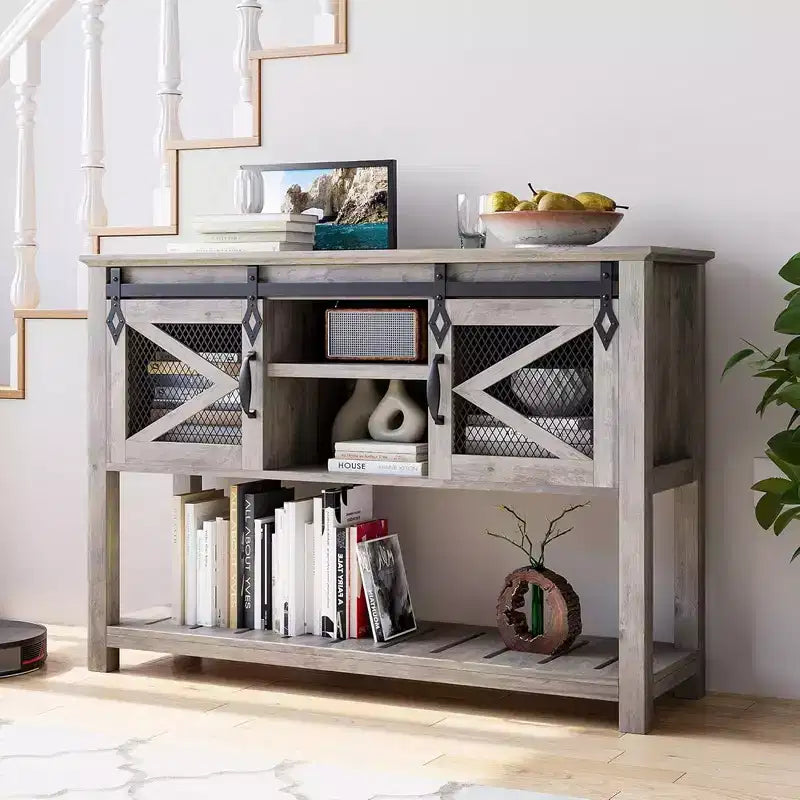 Tavolo da ingresso Whizmax Farmhouse con ante scorrevoli a fienile, Tavolino da divano con contenitore e ripiano aperto, Console per ingresso, Corridoio