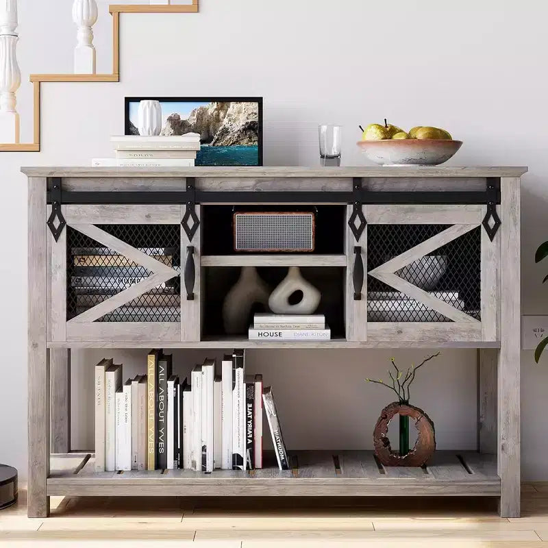 Tavolo da ingresso Whizmax Farmhouse con ante scorrevoli a fienile, Tavolino da divano con contenitore e ripiano aperto, Console per ingresso, Corridoio