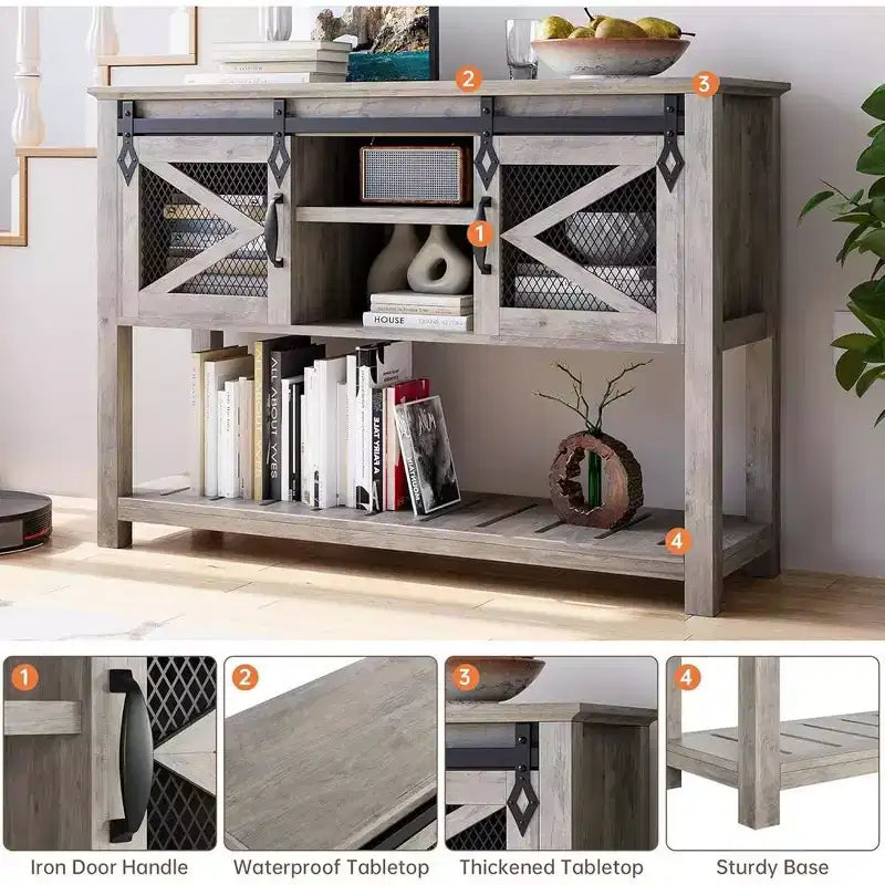 Tavolo da ingresso Whizmax Farmhouse con ante scorrevoli a fienile, Tavolino da divano con contenitore e ripiano aperto, Console per ingresso, Corridoio