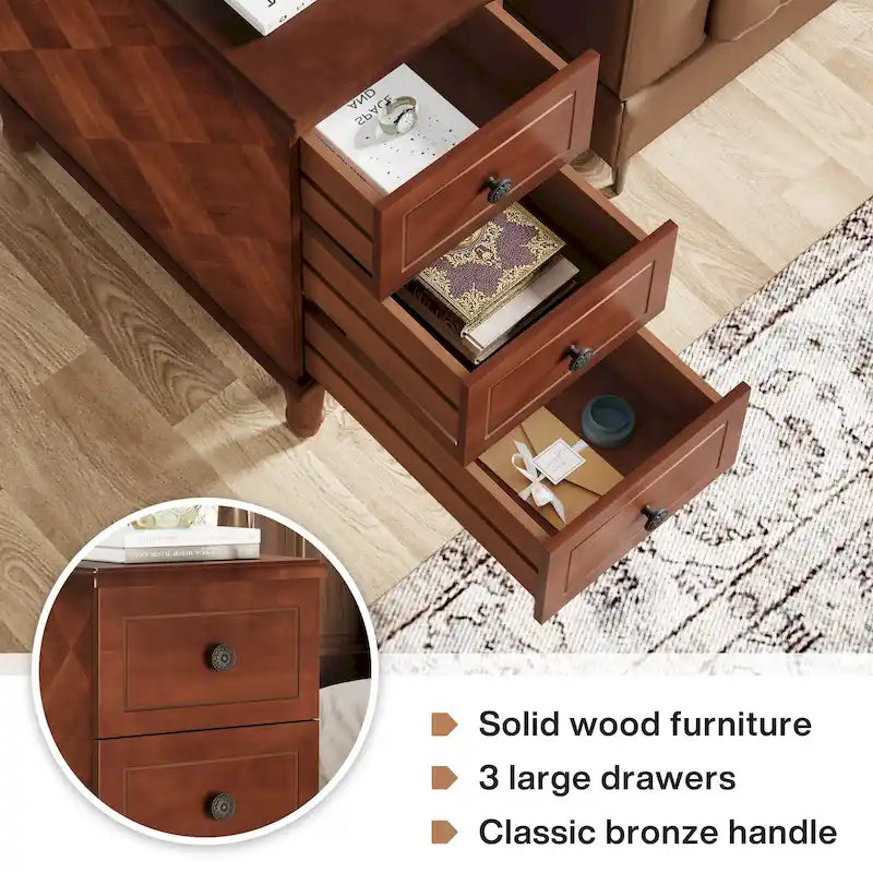 Tavolino stretto completamente assemblato, tavolino in legno massello con 3 cassetti, comodino sottile vintage per piccoli spazi