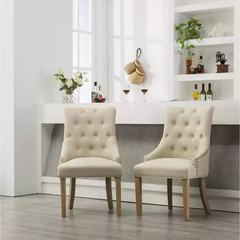 Button Tufted Solid Wood Wingback Hostess Chairs with Nail Heads, Tan, Set of 2