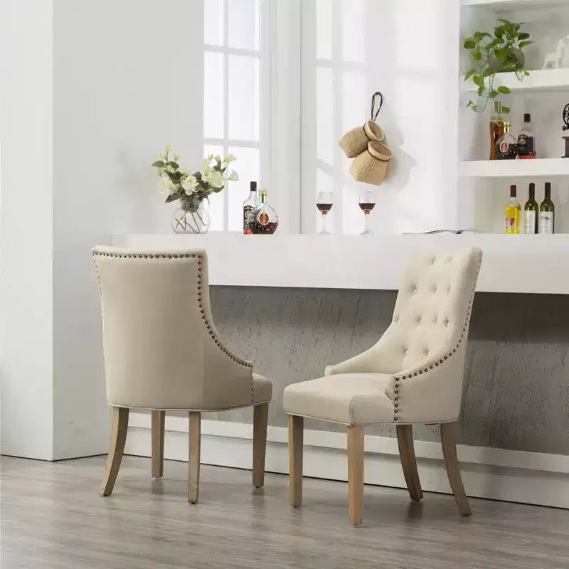 Button Tufted Solid Wood Wingback Hostess Chairs with Nail Heads, Tan, Set of 2