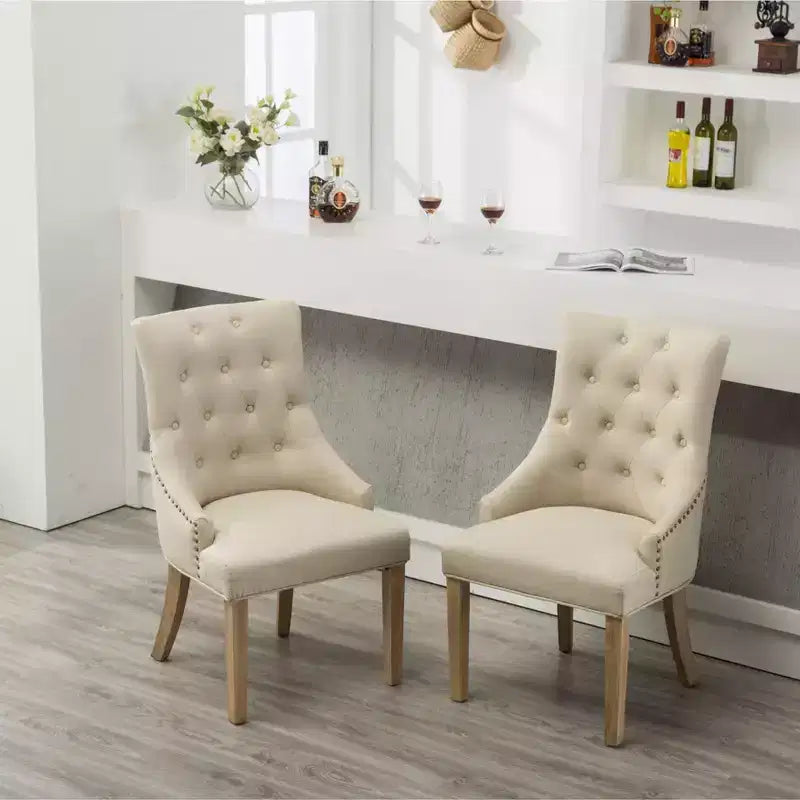Button Tufted Solid Wood Wingback Hostess Chairs with Nail Heads, Tan, Set of 2