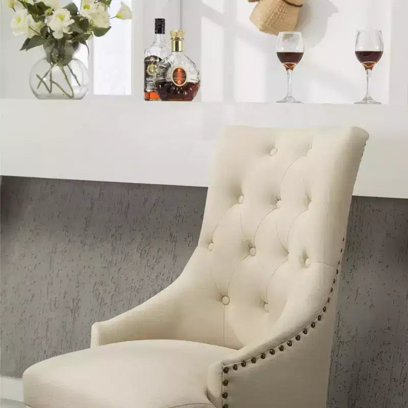 Button Tufted Solid Wood Wingback Hostess Chairs with Nail Heads, Tan, Set of 2