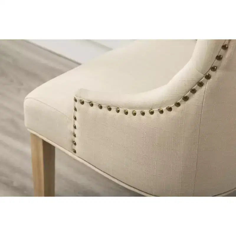 Button Tufted Solid Wood Wingback Hostess Chairs with Nail Heads, Tan, Set of 2
