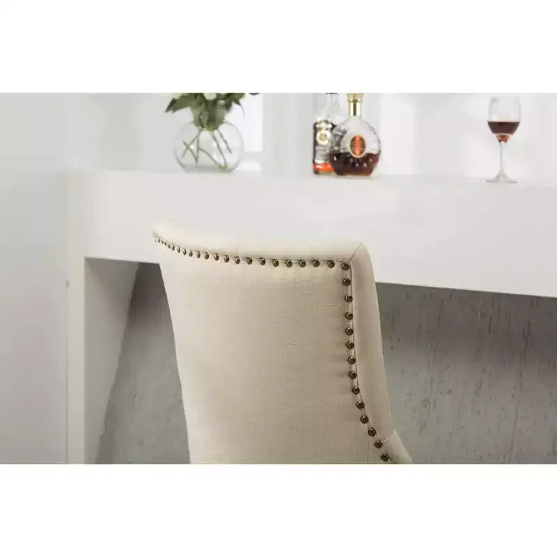 Button Tufted Solid Wood Wingback Hostess Chairs with Nail Heads, Tan, Set of 2