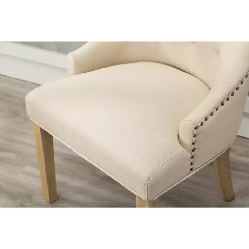 Button Tufted Solid Wood Wingback Hostess Chairs with Nail Heads, Tan, Set of 2