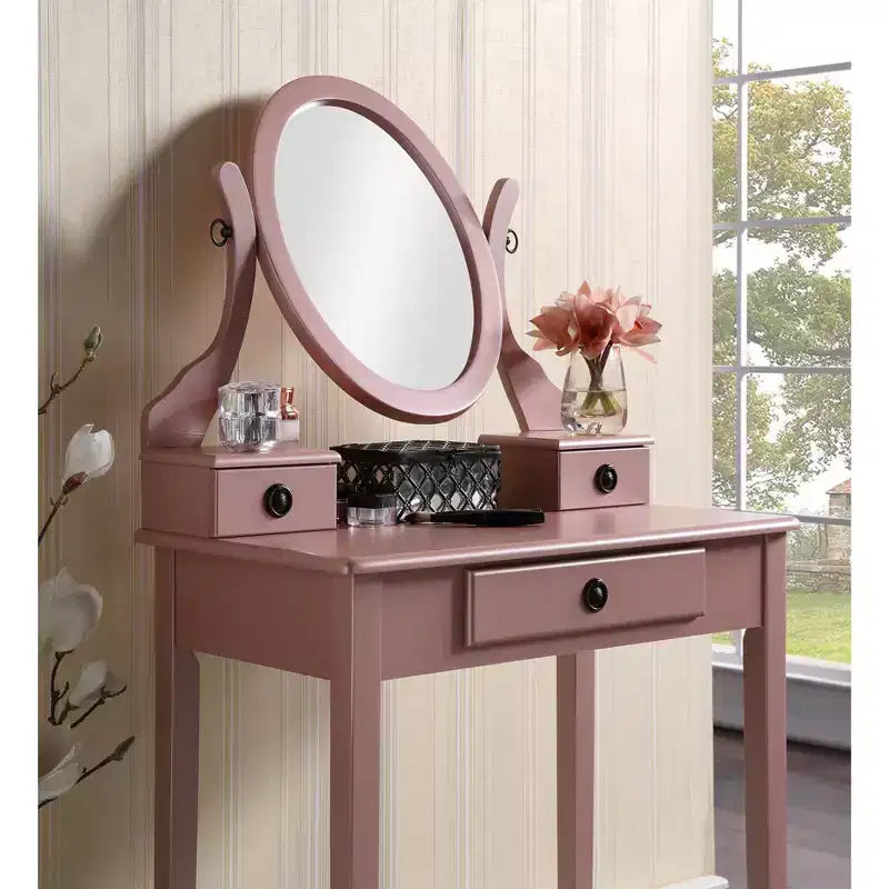 Moniya Wood Makeup Vanity Table and Stool Set, Rose Gold