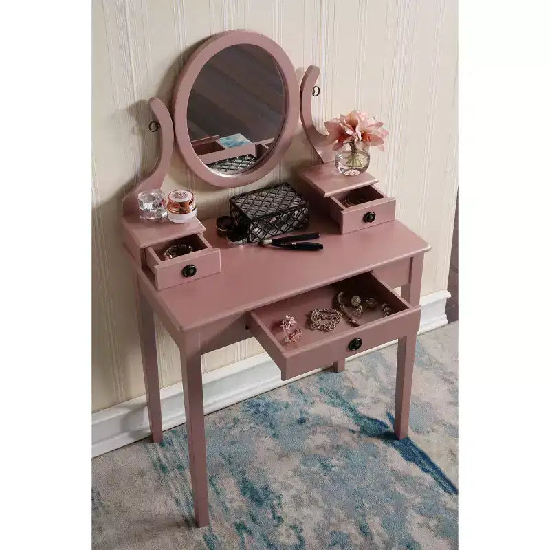 Moniya Wood Makeup Vanity Table and Stool Set, Rose Gold