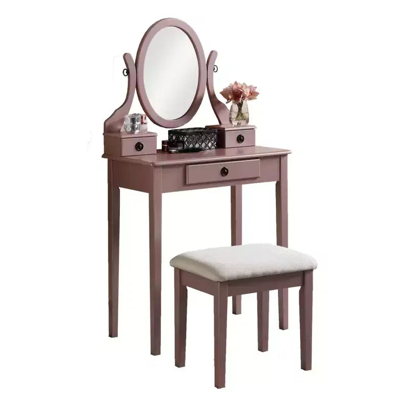 Moniya Wood Makeup Vanity Table and Stool Set, Rose Gold