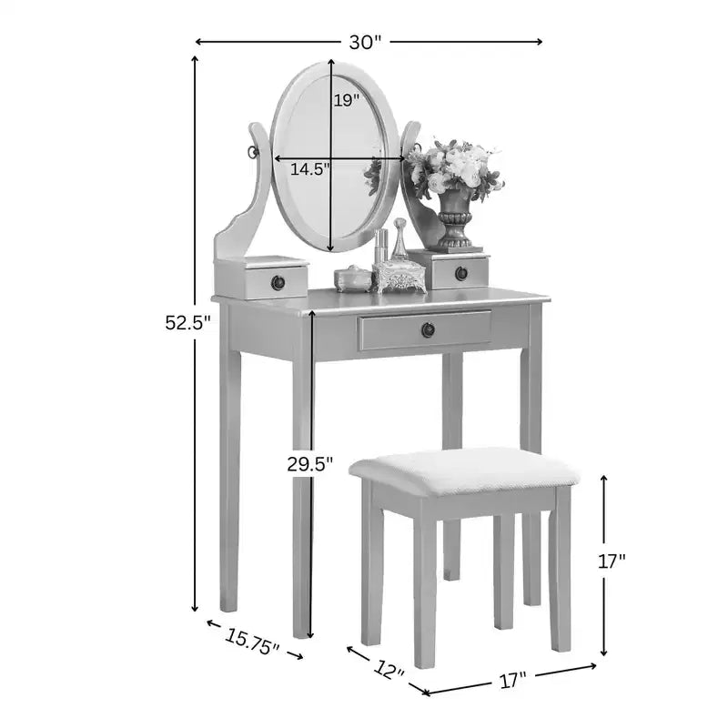 Moniya Wood Makeup Vanity Table and Stool Set, Rose Gold