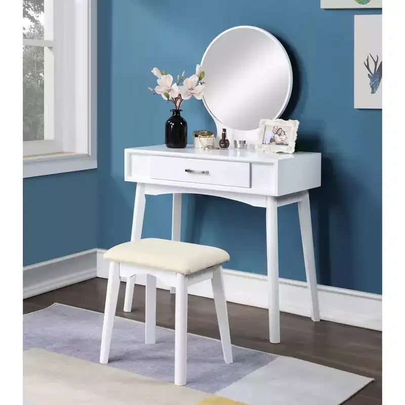 Contemporary Wood Vanity and Stool Set, White