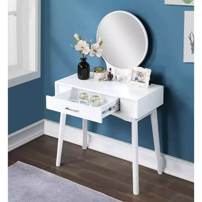 Contemporary Wood Vanity and Stool Set, White