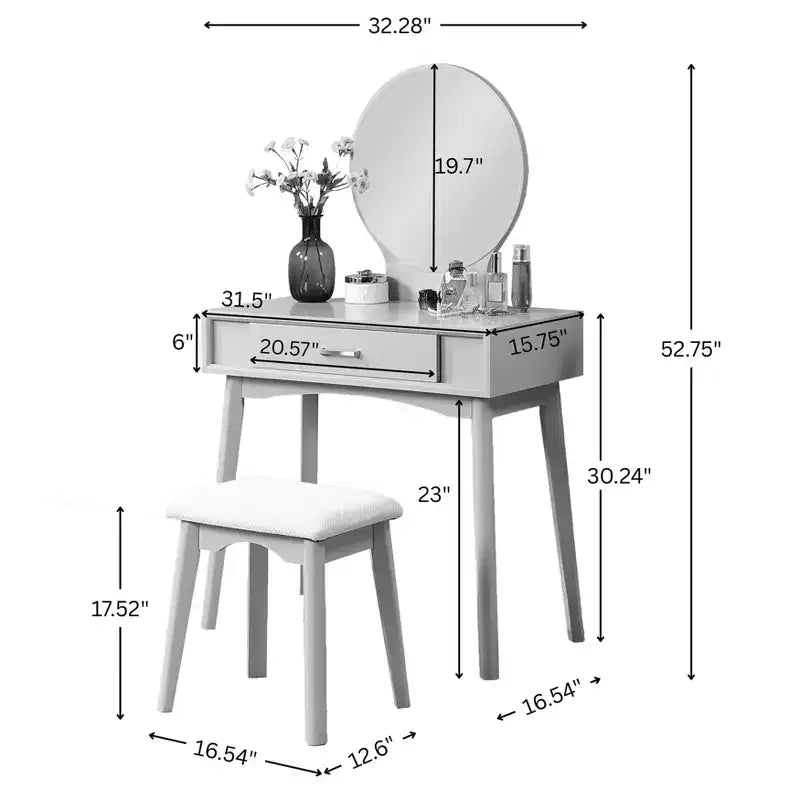 Contemporary Wood Vanity and Stool Set, White