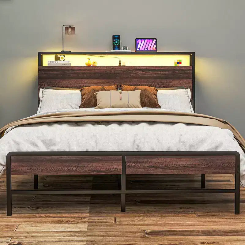HOMCOM Bed Frame with Headboard, Size Bed Frame with Lights, Charging Station, Storage Shelf, Noise-Free & No Box Spring Needed, Walnut