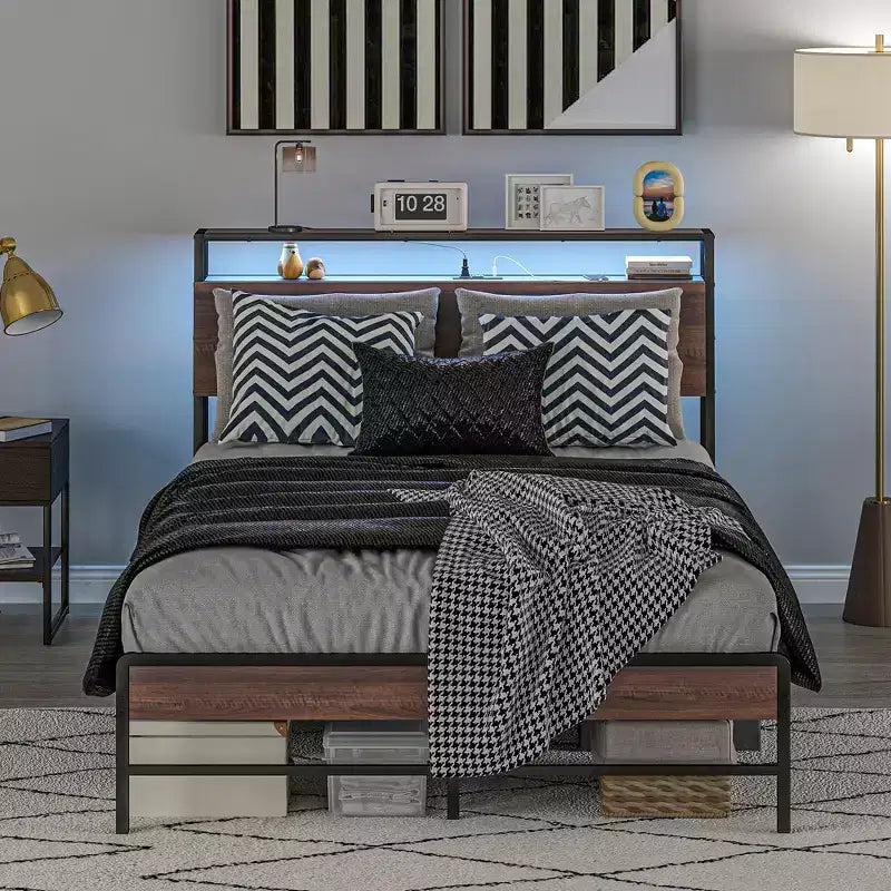 HOMCOM Bed Frame with Headboard, Size Bed Frame with Lights, Charging Station, Storage Shelf, Noise-Free & No Box Spring Needed, Walnut