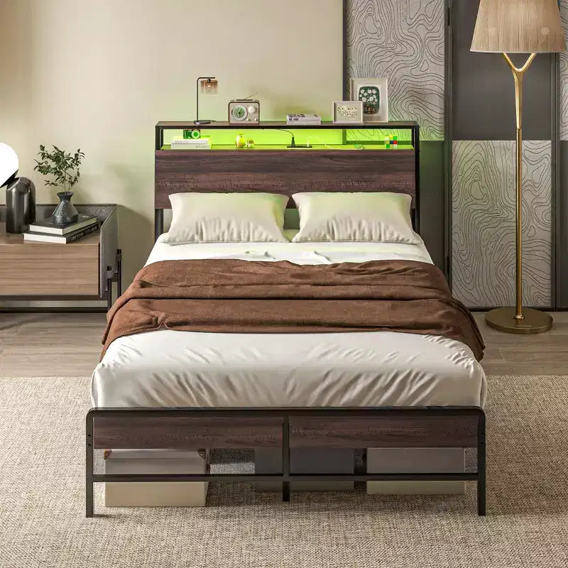 HOMCOM Bed Frame with Headboard, Size Bed Frame with Lights, Charging Station, Storage Shelf, Noise-Free & No Box Spring Needed, Walnut