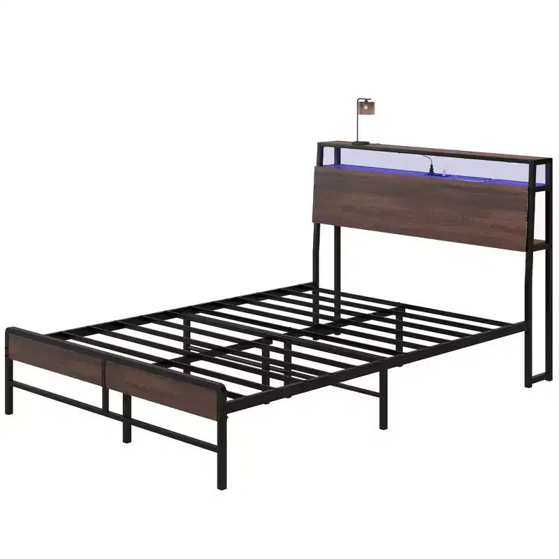 HOMCOM Bed Frame with Headboard, Size Bed Frame with Lights, Charging Station, Storage Shelf, Noise-Free & No Box Spring Needed, Walnut