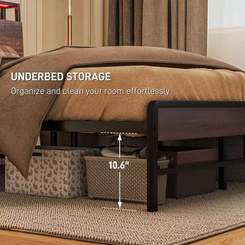 HOMCOM Bed Frame with Headboard, Size Bed Frame with Lights, Charging Station, Storage Shelf, Noise-Free & No Box Spring Needed, Walnut
