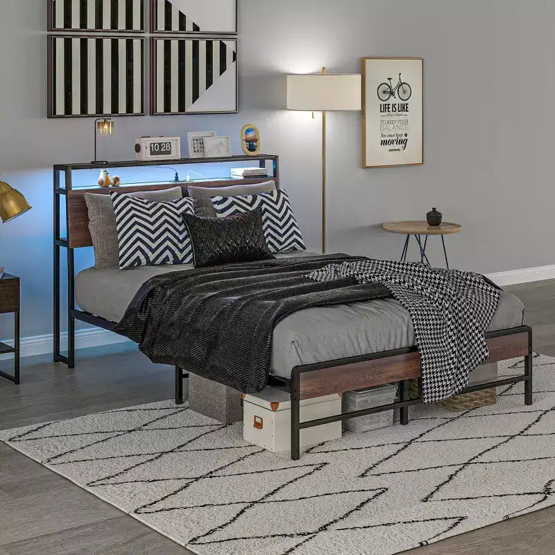 HOMCOM Bed Frame with Headboard, Size Bed Frame with Lights, Charging Station, Storage Shelf, Noise-Free & No Box Spring Needed, Walnut