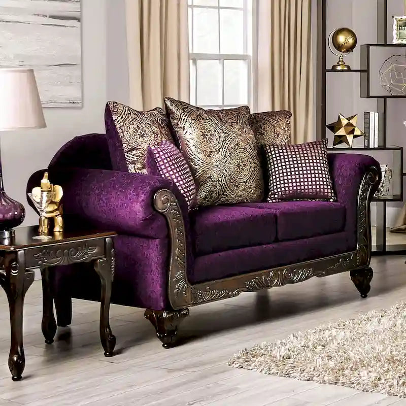 Divanetto Grendel tradizionale in ciniglia viola con braccioli arrotolati di Furniture of America