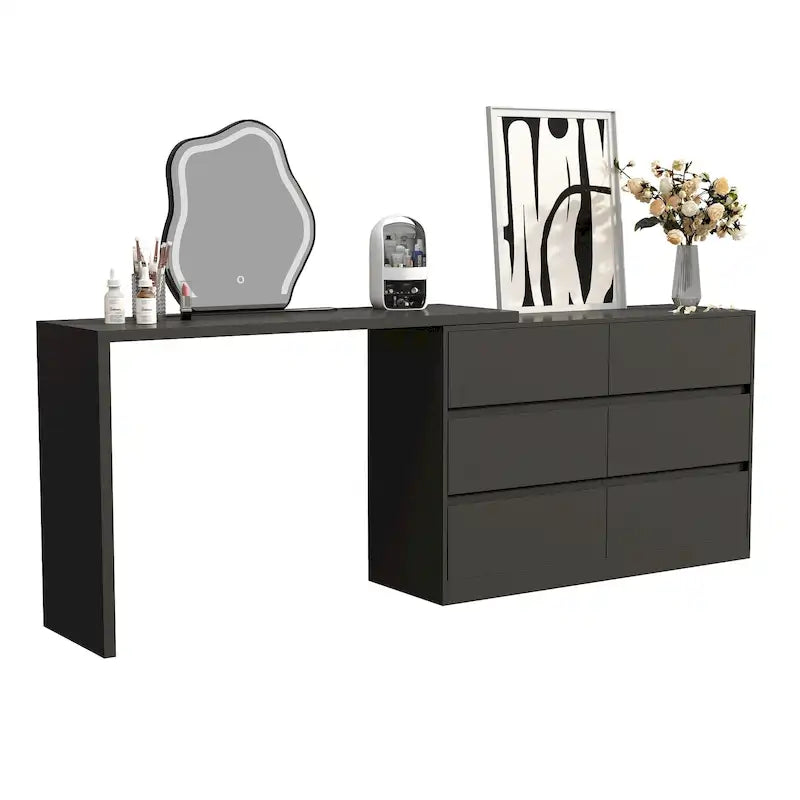 Cassettiera e Scrivania Girevole a 32,7H, con 6 Cassetti, Tavolo da Trucco, Bianco/Nero