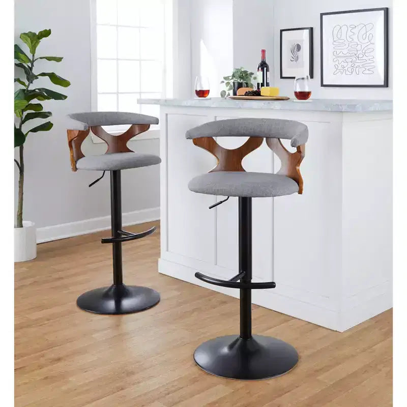 Set of 2 Gardenia Adjustable Barstools Black Metal/Walnut Fabric