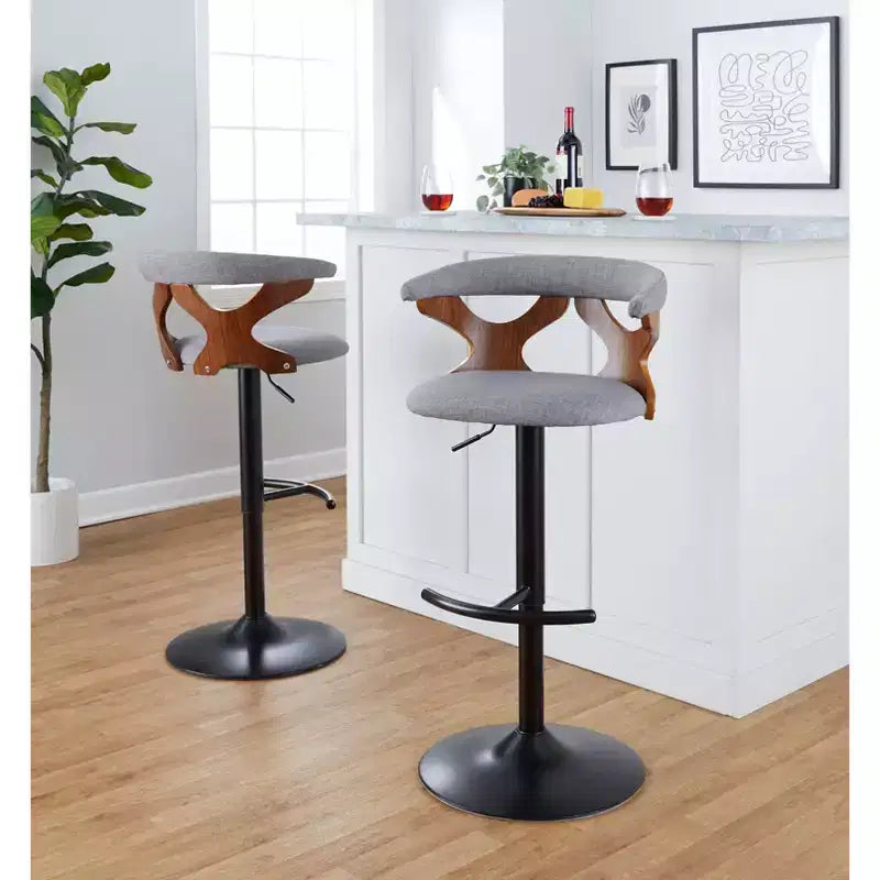 Set of 2 Gardenia Adjustable Barstools Black Metal/Walnut Fabric