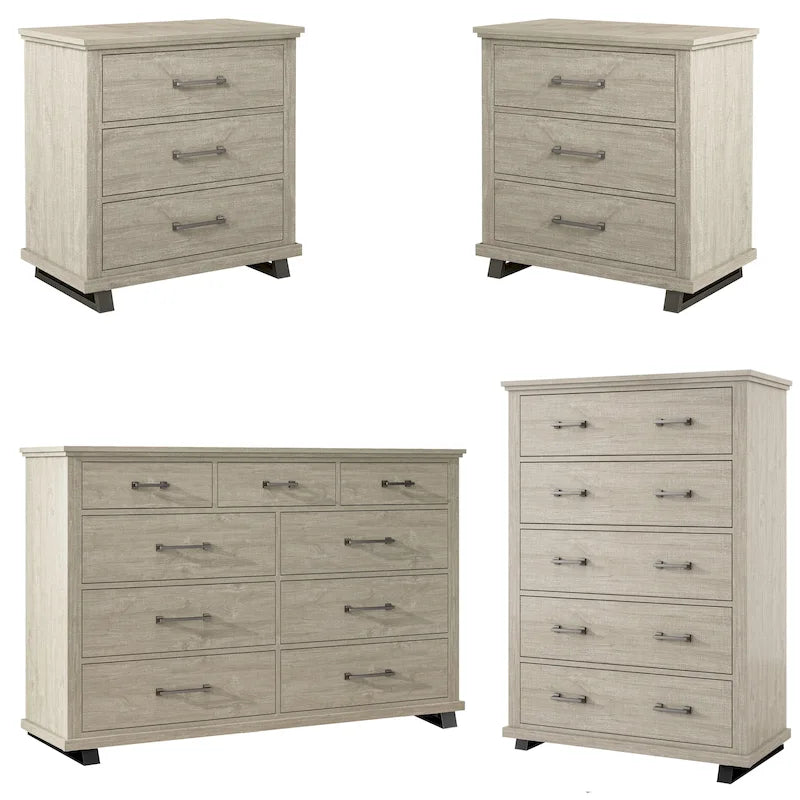 Set camera da letto 4 pezzi stile rustico - 2 comodini, 1 cassettone e 1 comò