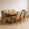 Set tavolo da pranzo rettangolare in legno massiccio e 8 sedie in tessuto beige