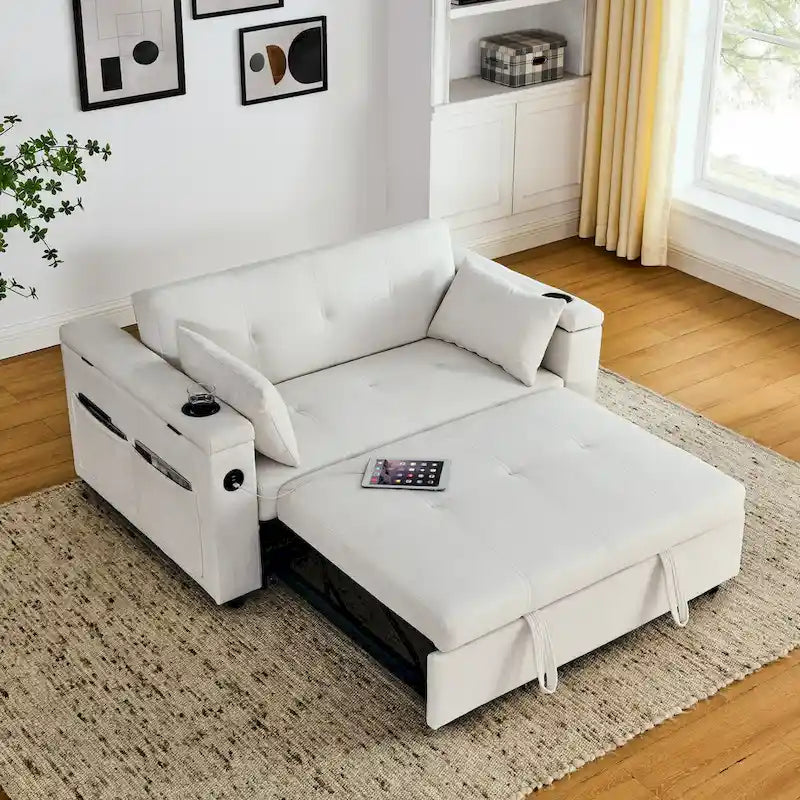 Divano Letto Estraibile 54", Divano Reclinabile 2 Posti con Contenitore, Cuscino Lombare, Presa USB