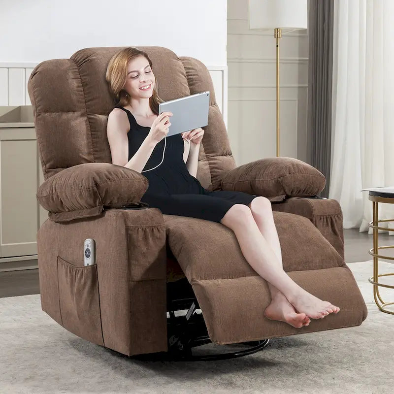 Poltrona reclinabile oversize grigia con calore e massaggio, reclinazione a 150°, oscillazione a 30°, ricarica USB e 2 portabicchieri
