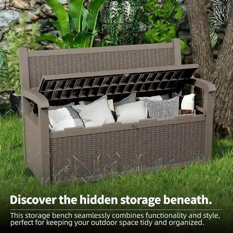 Panca contenitore in resina per tutte le stagioni con scomparto nascosto e chiudibile a chiave - Design effetto rattan, capacità 227 kg, contenitore da 265 litri