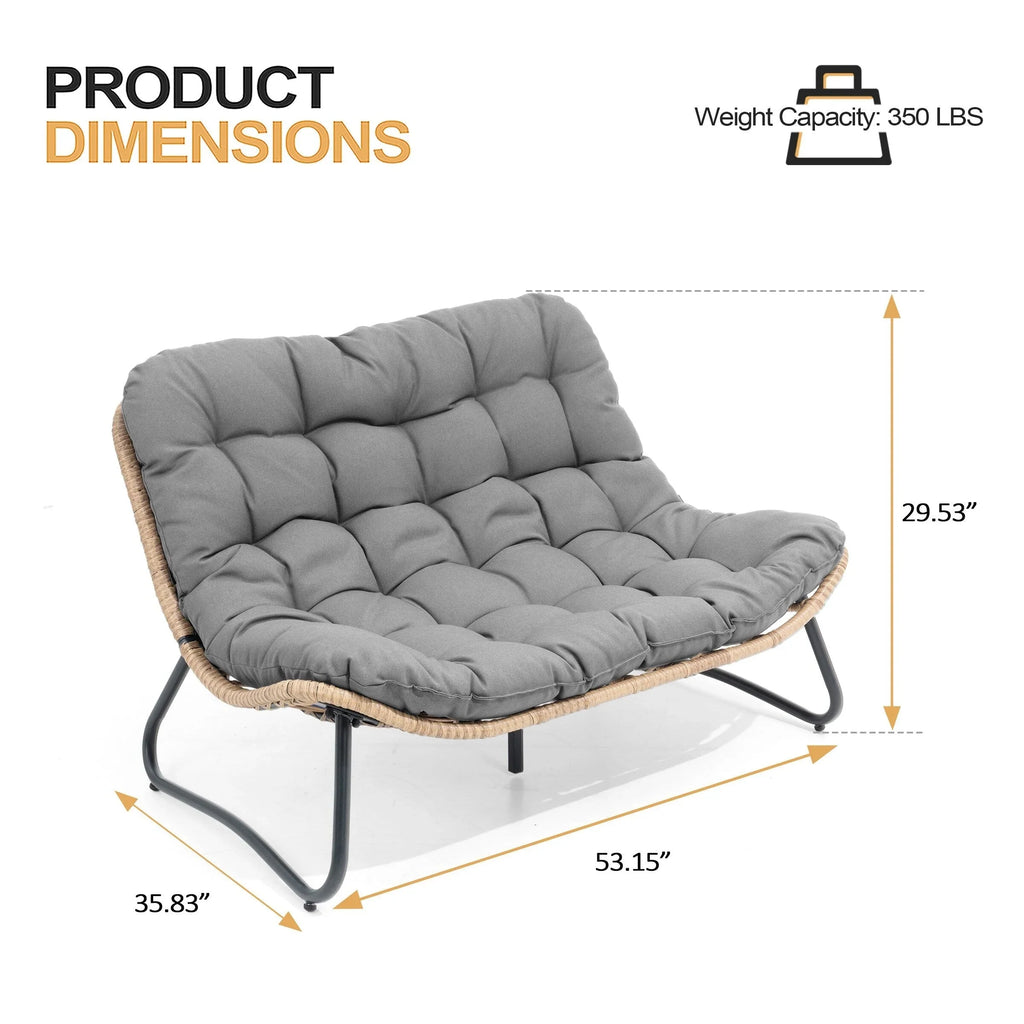 Divanetto due posti Double Papasan con cuscino, in rattan PE per tutte le stagioni e struttura in metallo per interni ed esterni