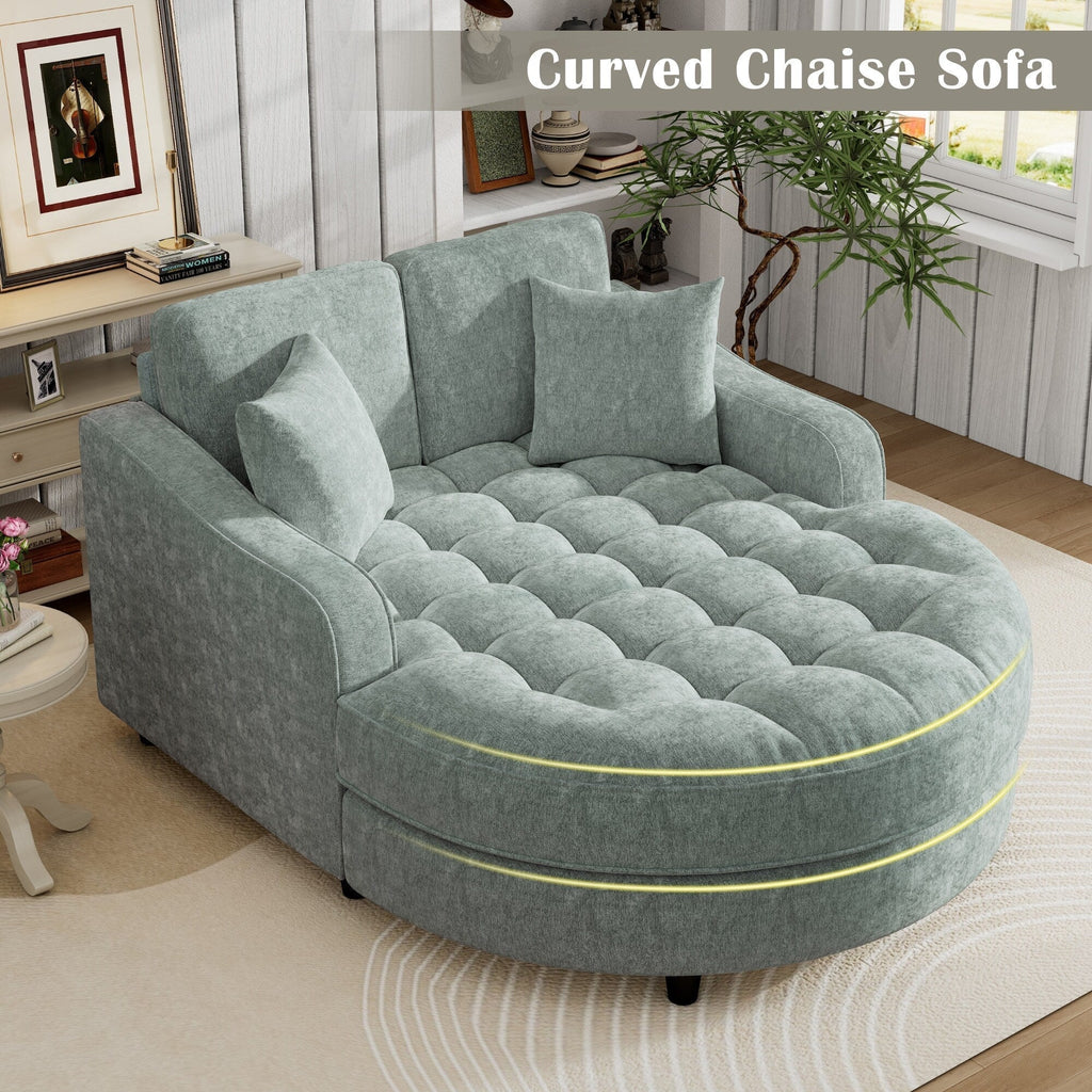 Divano Letto Chaise Longue in ciniglia, Divano Imbottito con Schienale Trapuntato e 2 Cuscini Rimovibili per Soggiorno