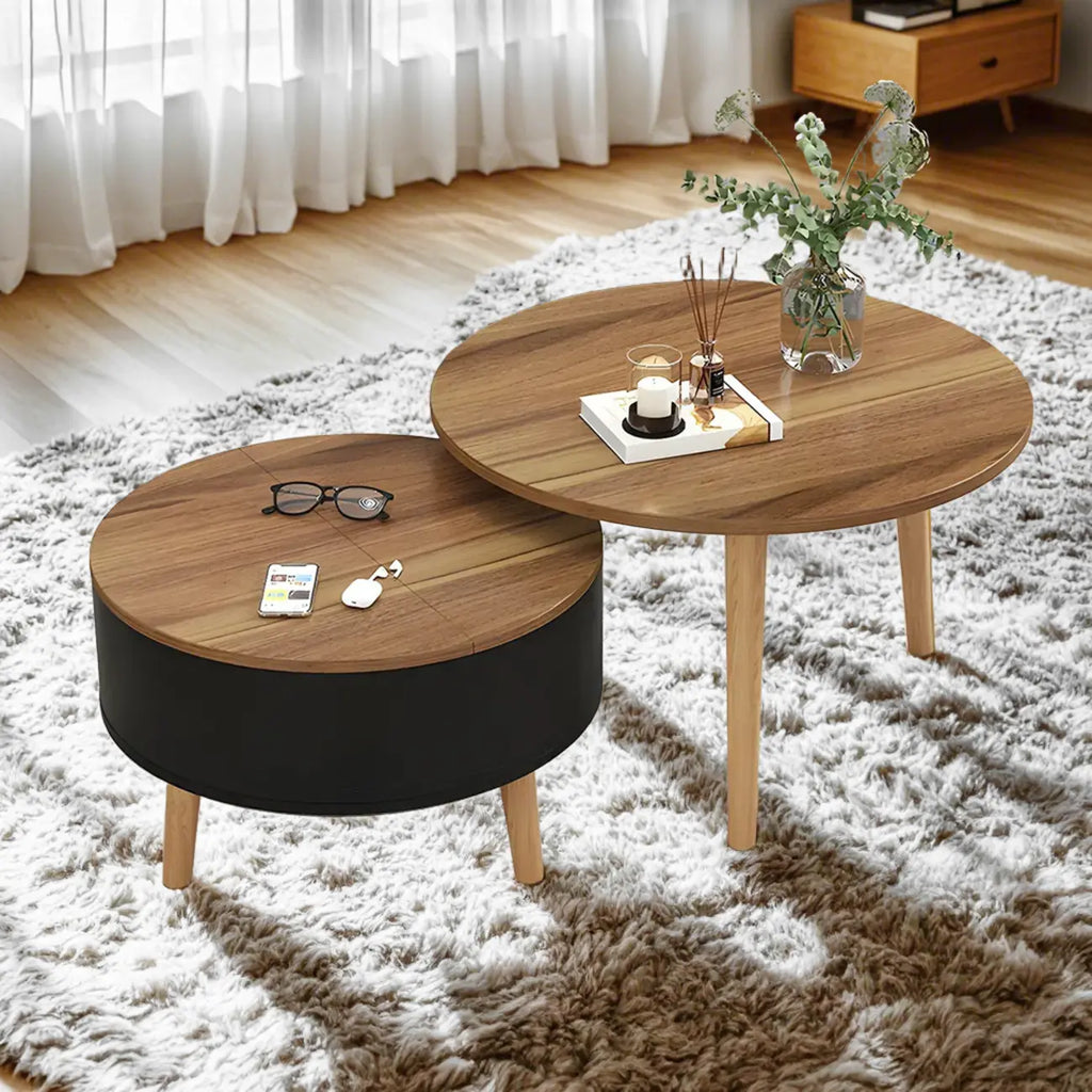 Tavolino da caffè rotondo moderno in legno bianco e nero con contenitore