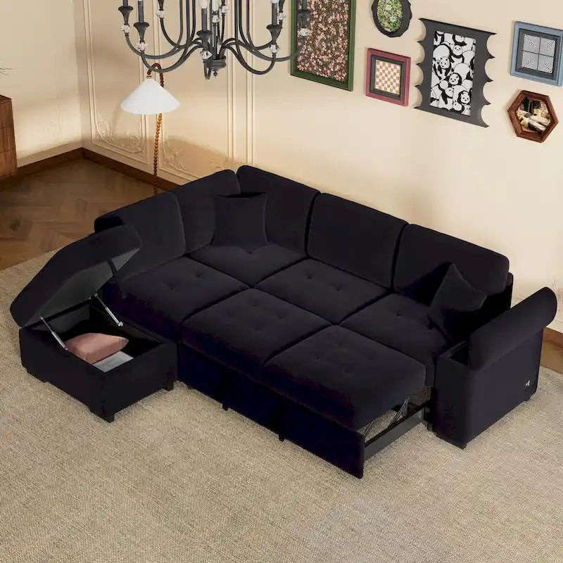 Divano sezionale a L a 5 posti con funzione letto, con pouf contenitore, vano contenitore nel bracciolo e ricarica USB per soggiorno, 84,75 pollici