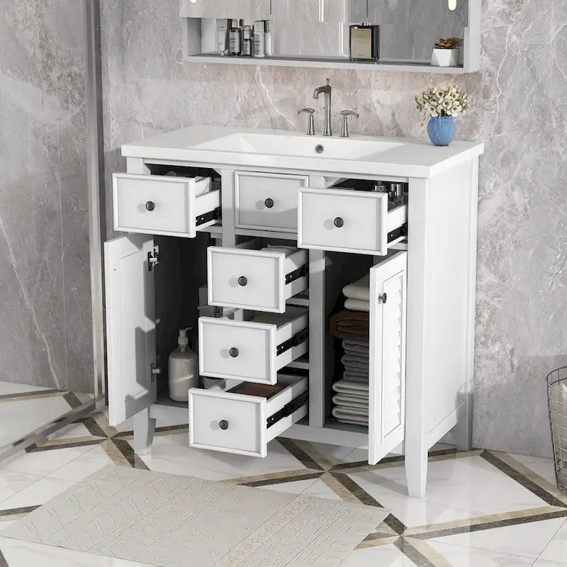 Mobile bagno con lavabo in ceramica, due ante e cinque cassetti