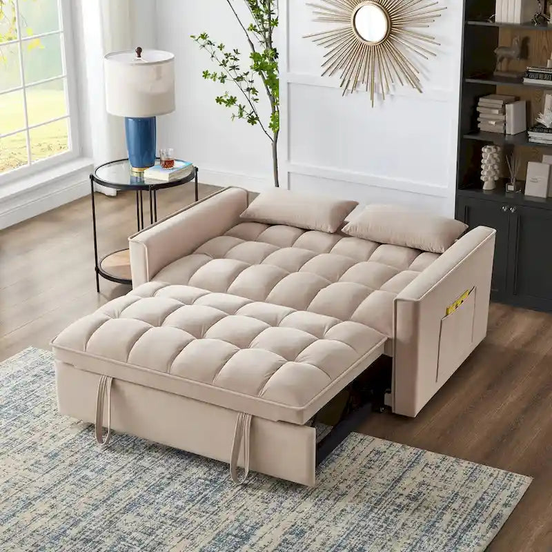 Divano letto a due posti 4 in 1 con braccioli e tasche portaoggetti, divano letto estraibile multifunzionale trapuntato con schienale regolabile