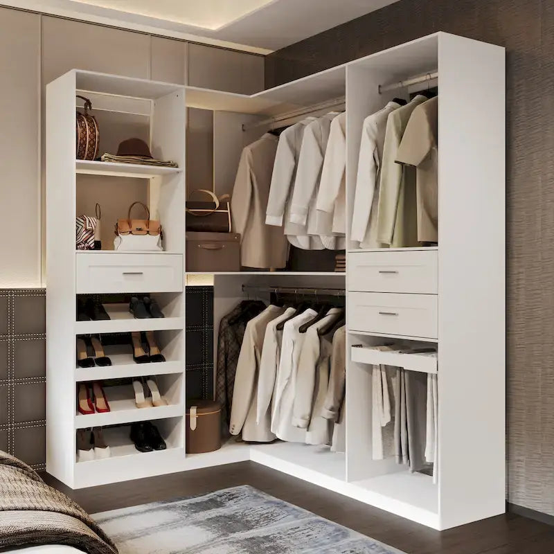 Armadio ad angolo con 2 aste appendiabiti, porta pantaloni e scarpiera, Organizer Armadi