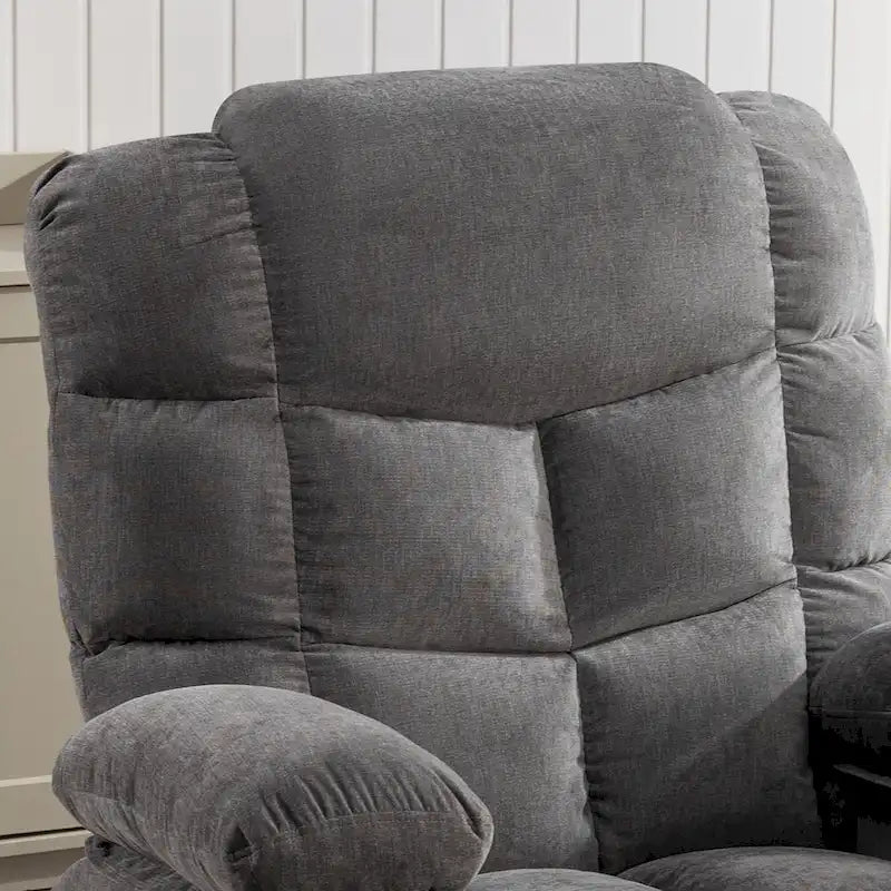 Poltrona reclinabile oversize grigia con calore e massaggio, reclinazione a 150°, oscillazione a 30°, ricarica USB e 2 portabicchieri