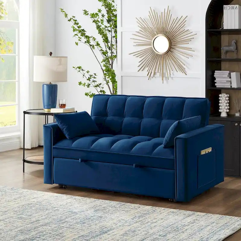Divano letto a due posti 4 in 1 con braccioli e tasche portaoggetti, divano letto estraibile multifunzionale trapuntato con schienale regolabile