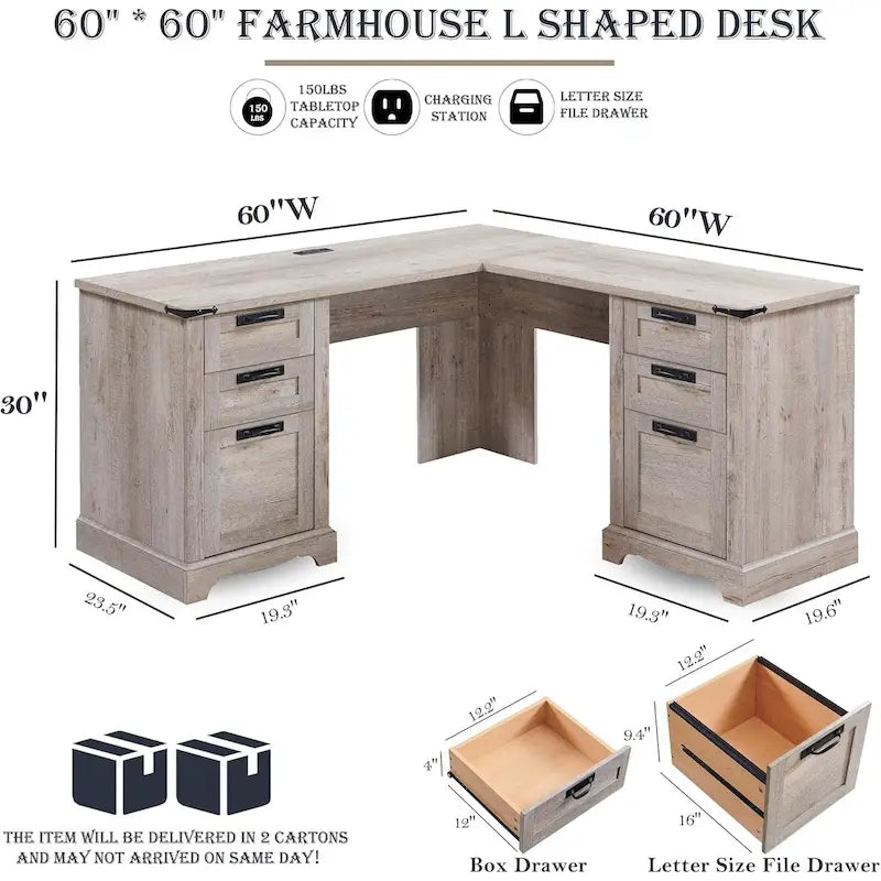 60 Scrivania Direzionale a L da Fattoria, Scrivania ad Angolo in Legno, Scrivania per Computer