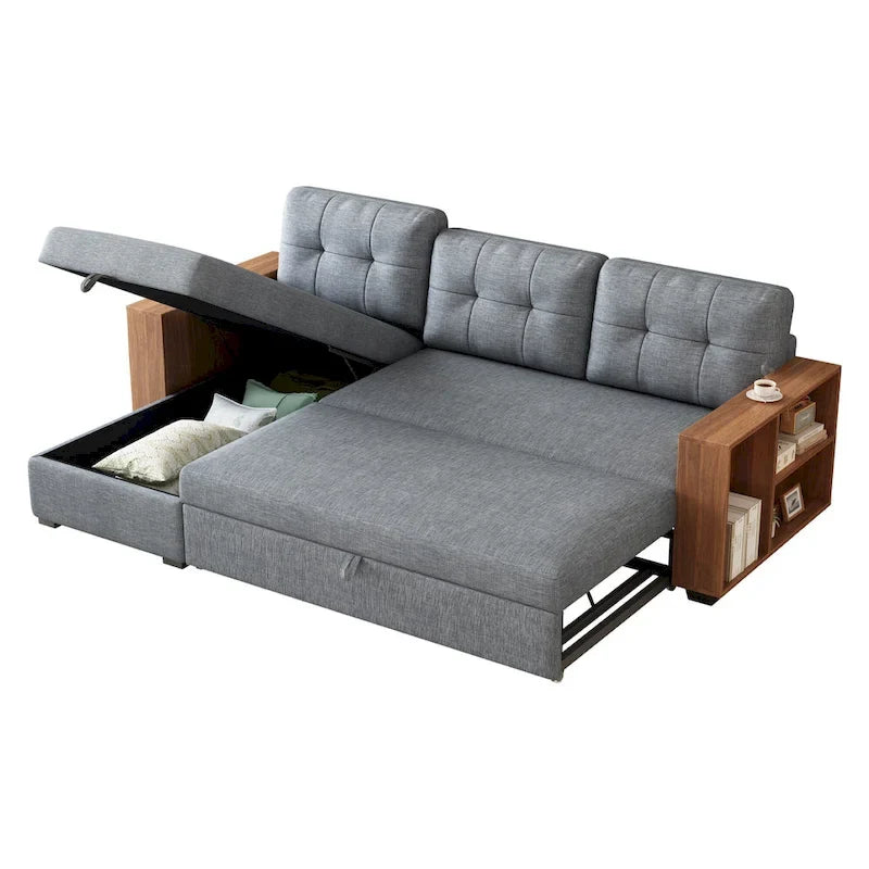 Divano Sezionale Convertibile con Letto Estraibile e Chaise Longue Contenitore Nascosto