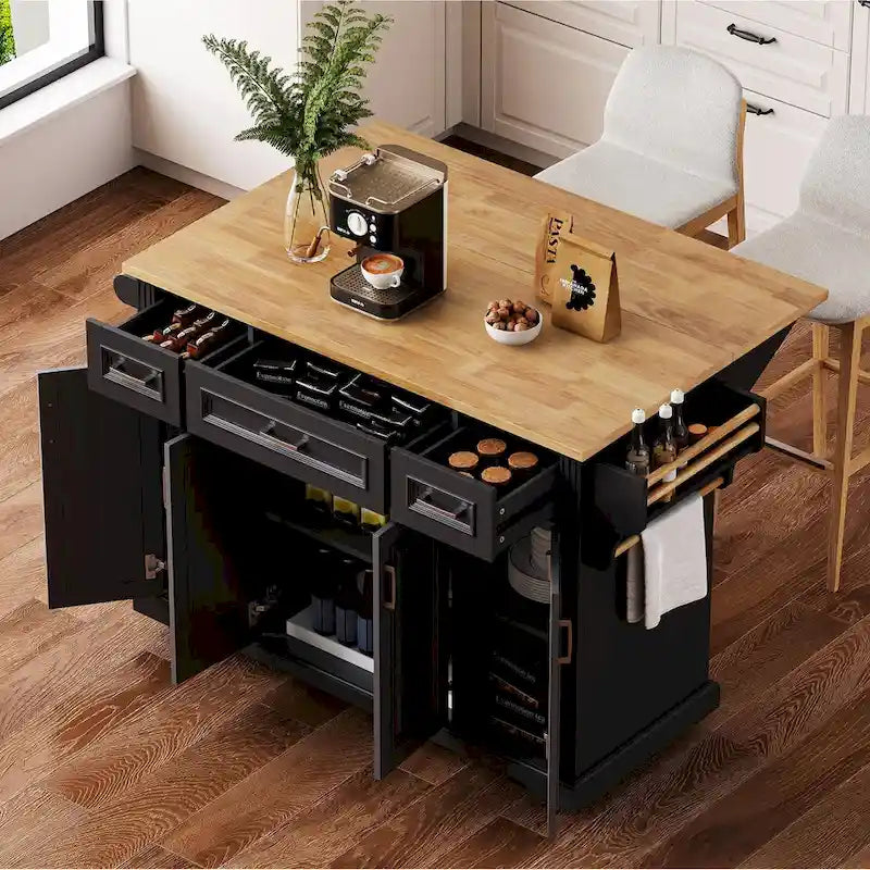 54 - Grande isola cucina con anta a ribalta in legno di gomma, carrello da cucina scorrevole con texture in rilievo su 4 ruote con 4 ante e 3 cassetti