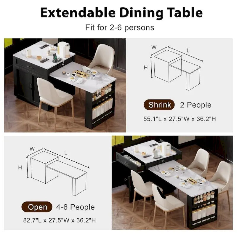 82.7 Isola da cucina in legno per 4-6 persone con tavolo da pranzo allungabile e contenitore a doppia dimensione